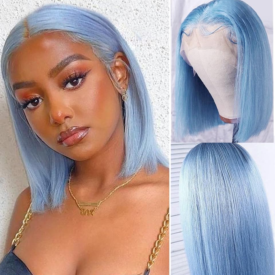 HD Transparent 13X4 Straight Light Blue Bob Wig Human Hair Lace Frontal Wig Pre Plucked with Baby Hair Natural Hairline Cheap 10
