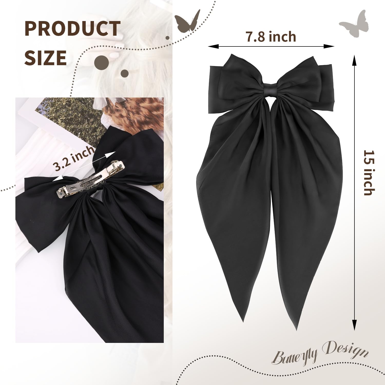 2 Pcs Silky Satin Big Hair Bows Ribbon Hair Barrettes Clip, Large Bow Hair Slides Metal Clips French Barrette OverSized Long Tai