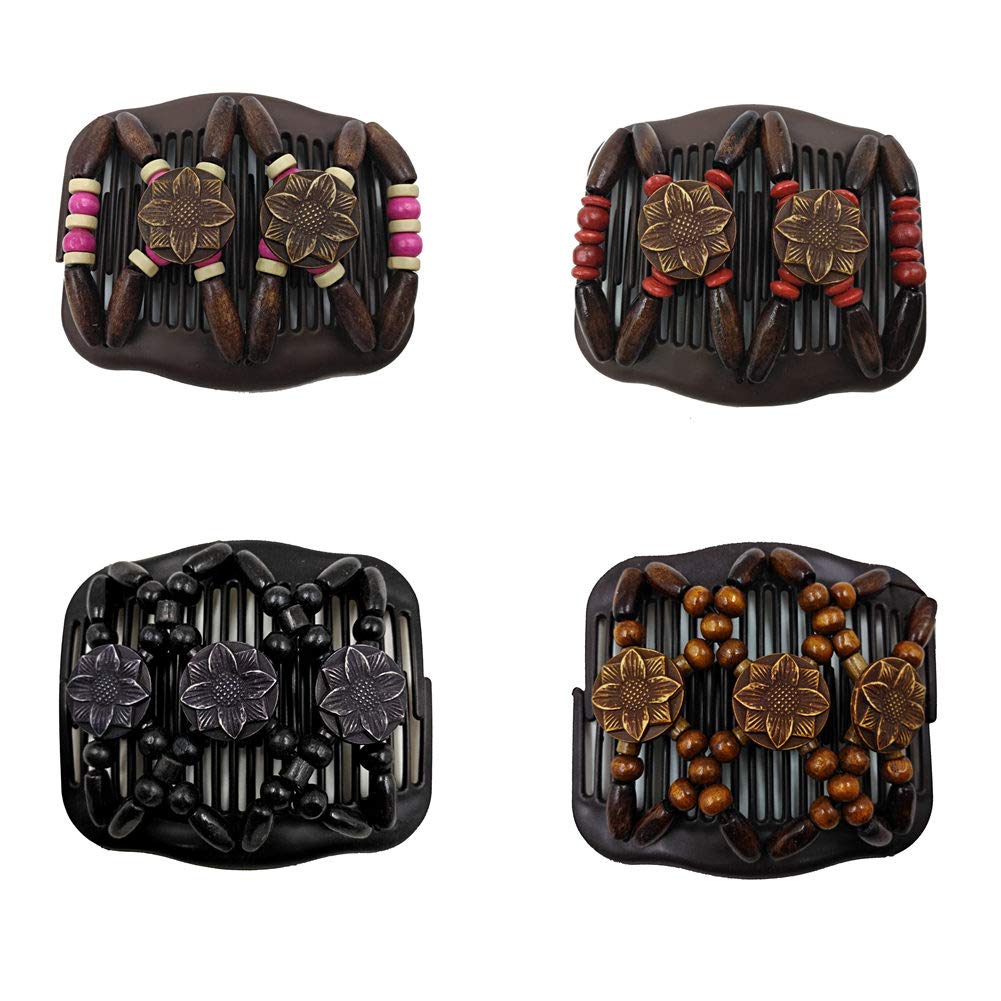 LOVEF 4 Pcs Wood Double Combs Magic Hair Clips Women Hair Combs Bun Maker Hair Accessories