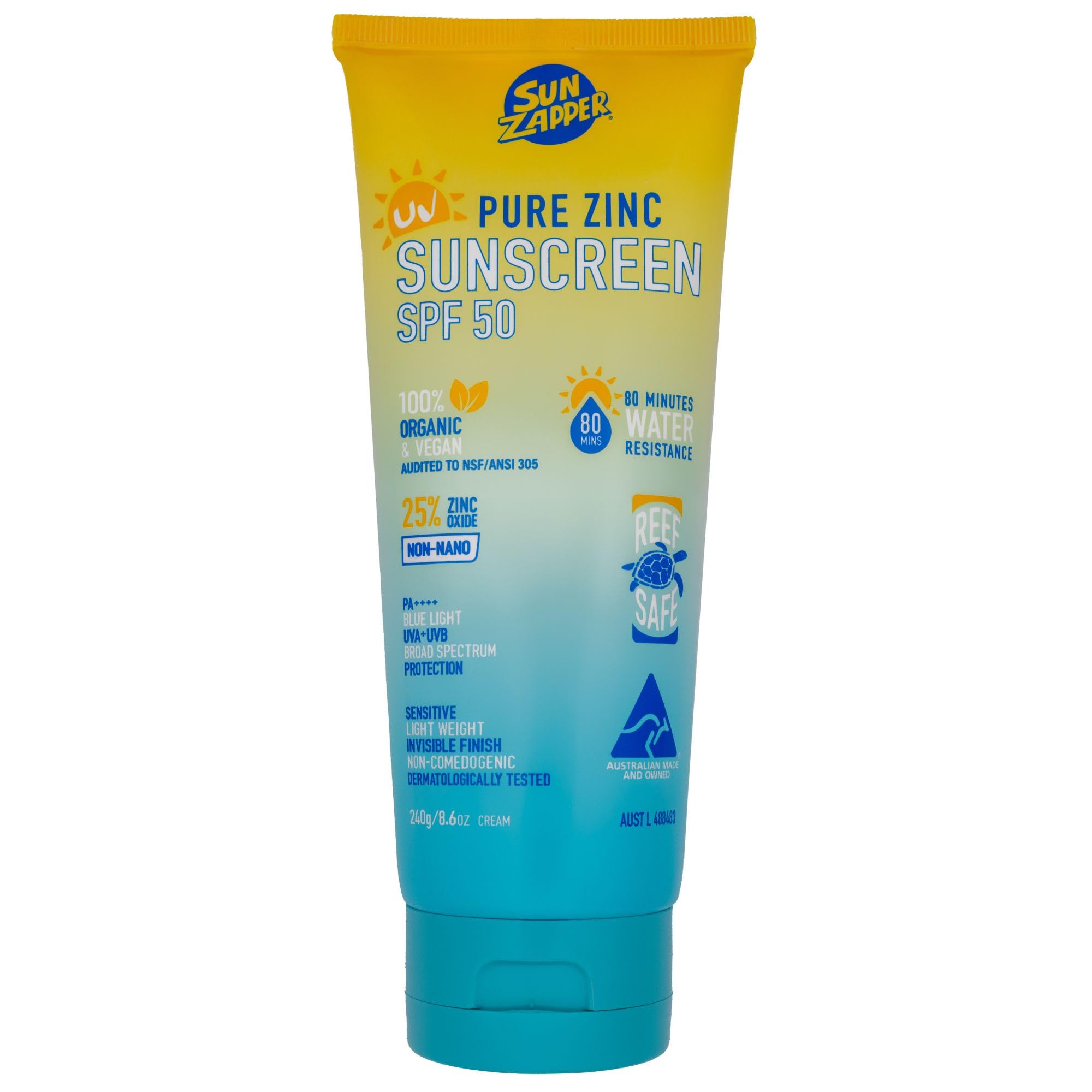 Sun Zapper Organic Mineral Sunscreen SPF 50, Reef Safe Clear Zinc Sunscreen for Face and Body, 25% NonNano Zinc Oxide, Fragranc
