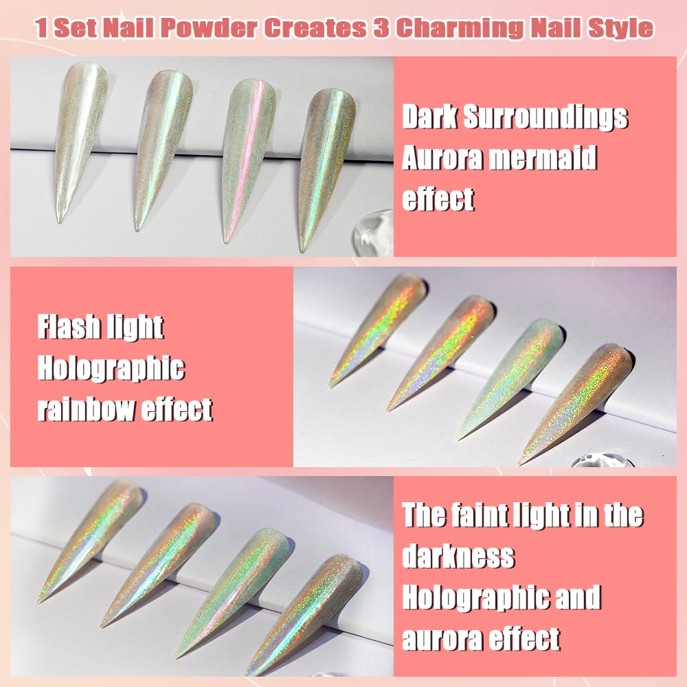 Allstarry Chrome Nail Powder Holographic Aurora Metallic Mirror Laser Effect Pigment, Iridescent Icy Aurora Glitter Dust Kit For