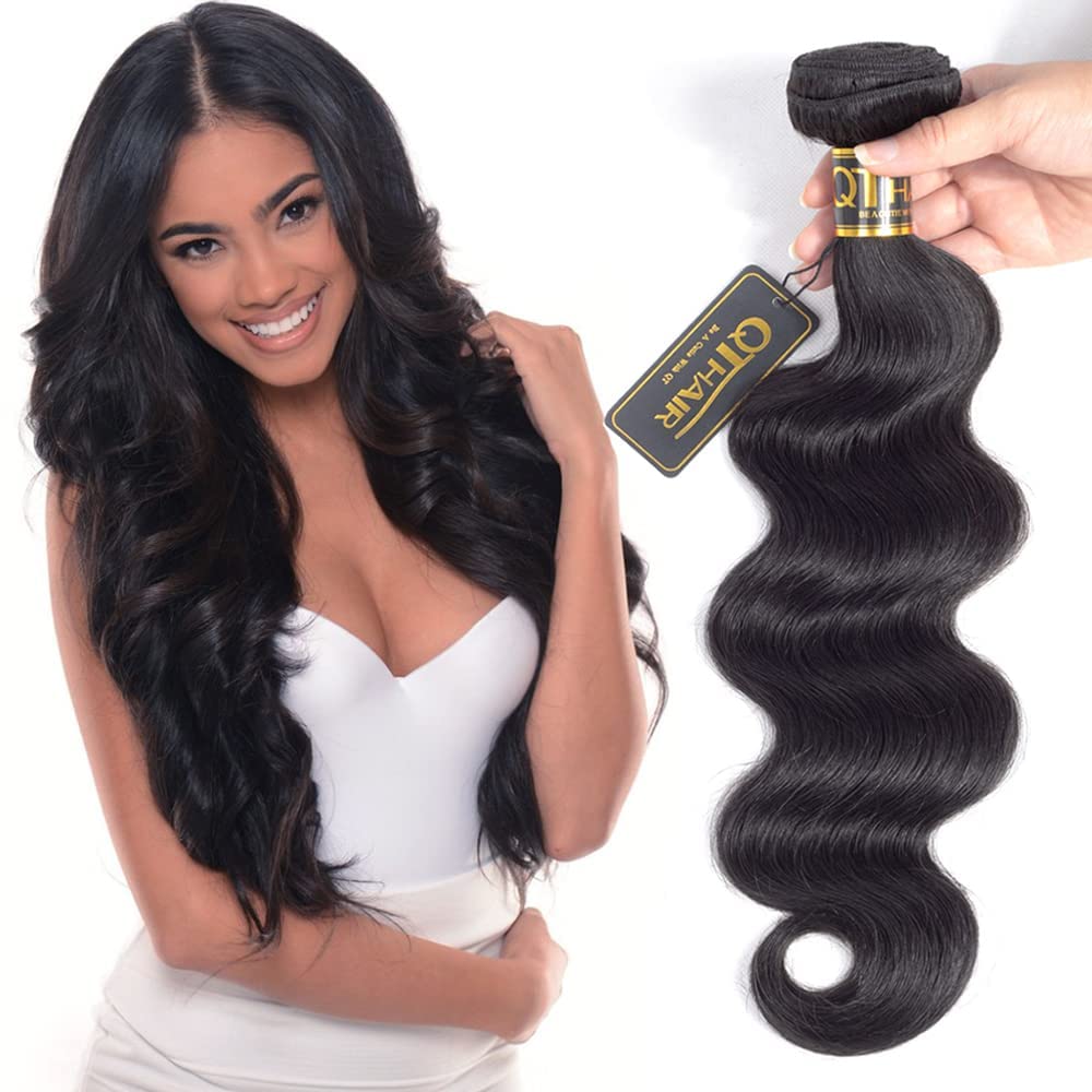 Qthair 14A Brazilian Body Wave Bundles Virgin Human Hair Hair Weave (8'',100G,Natural Black)100% Unprocessed Brazilian Body Wave