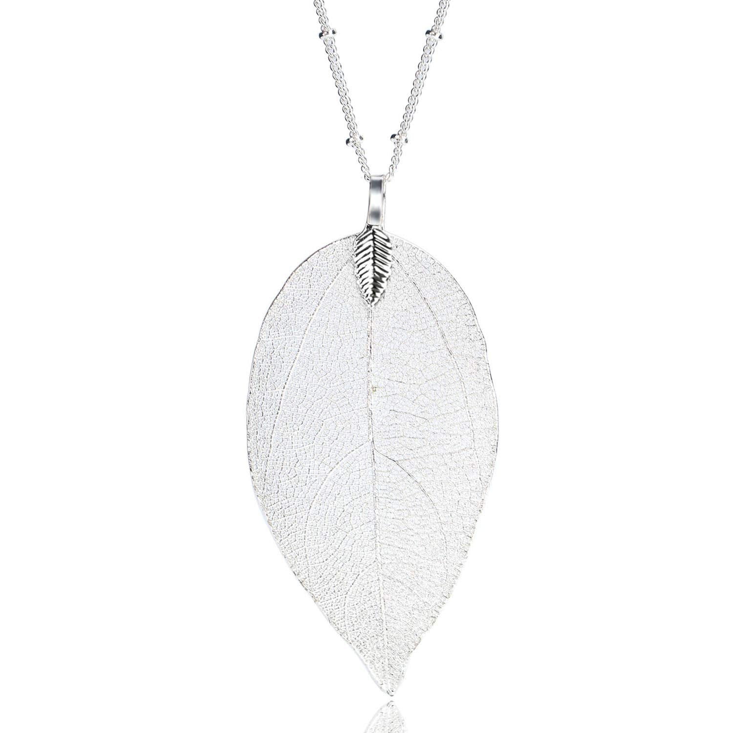 BOUTIQUELOVIN Women's Long Leaf Pendant Necklaces Real Filigree Autumn Leaf Fashion Jewelry (Silver)