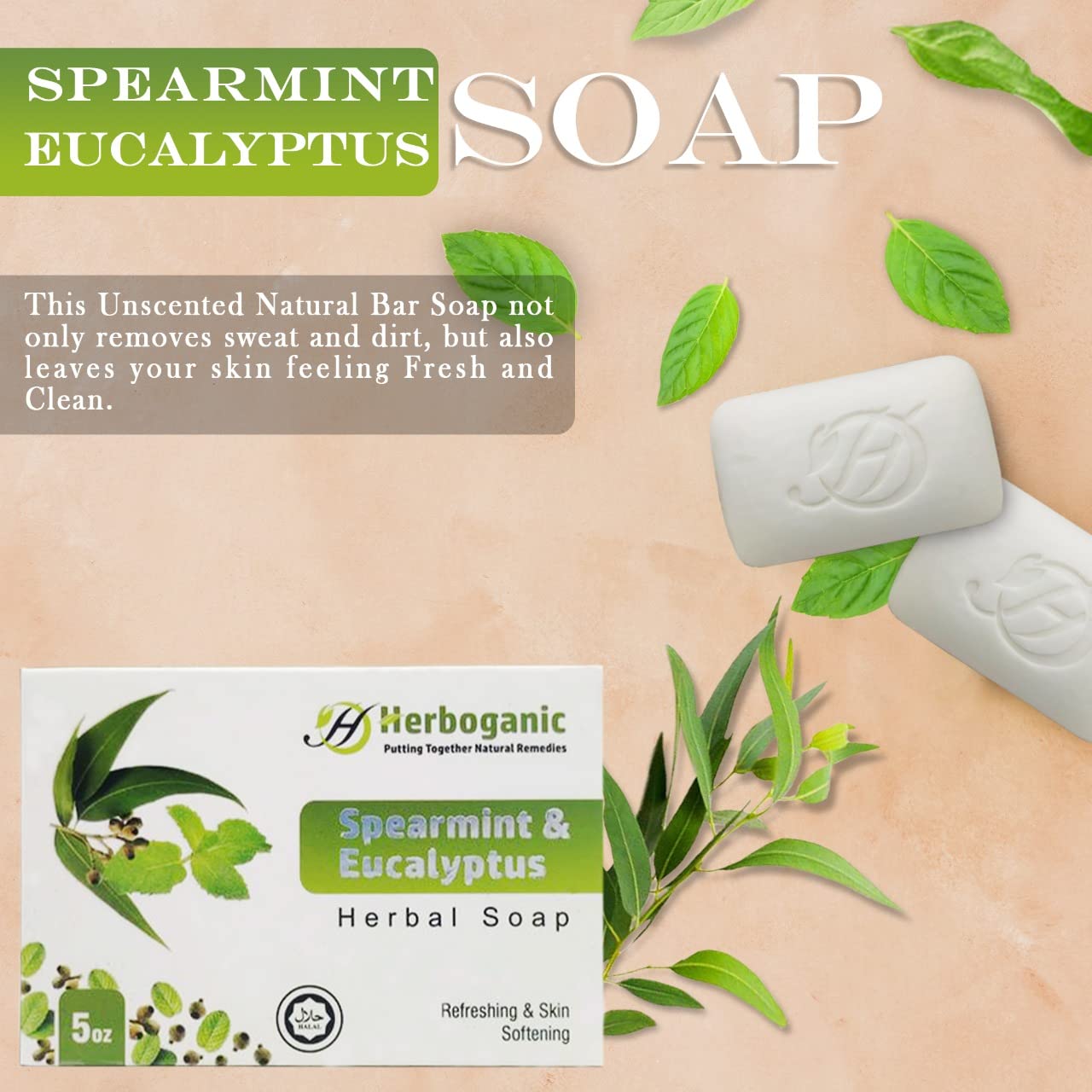 HERBOGANIC Spearmint and Eucalyptus Herbal Bar Soap | Invigorating Herbal Soap Refreshes and Revitalizes | For Energized, Rejuve