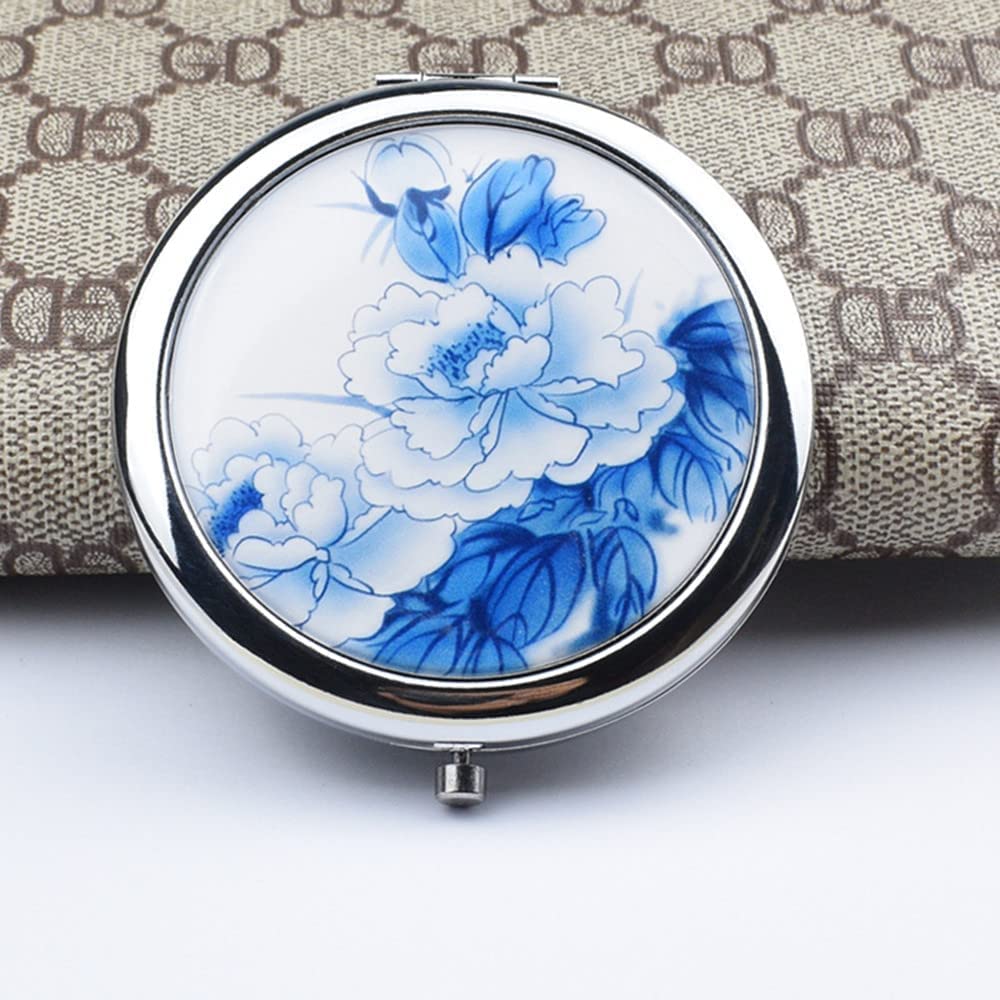 Mpowtech Blue Magnifying Compact Mirror For Purse - 1X/2X Magnification Travel Makeup Mirror,Small Flower Pocket Mirror,Handheld