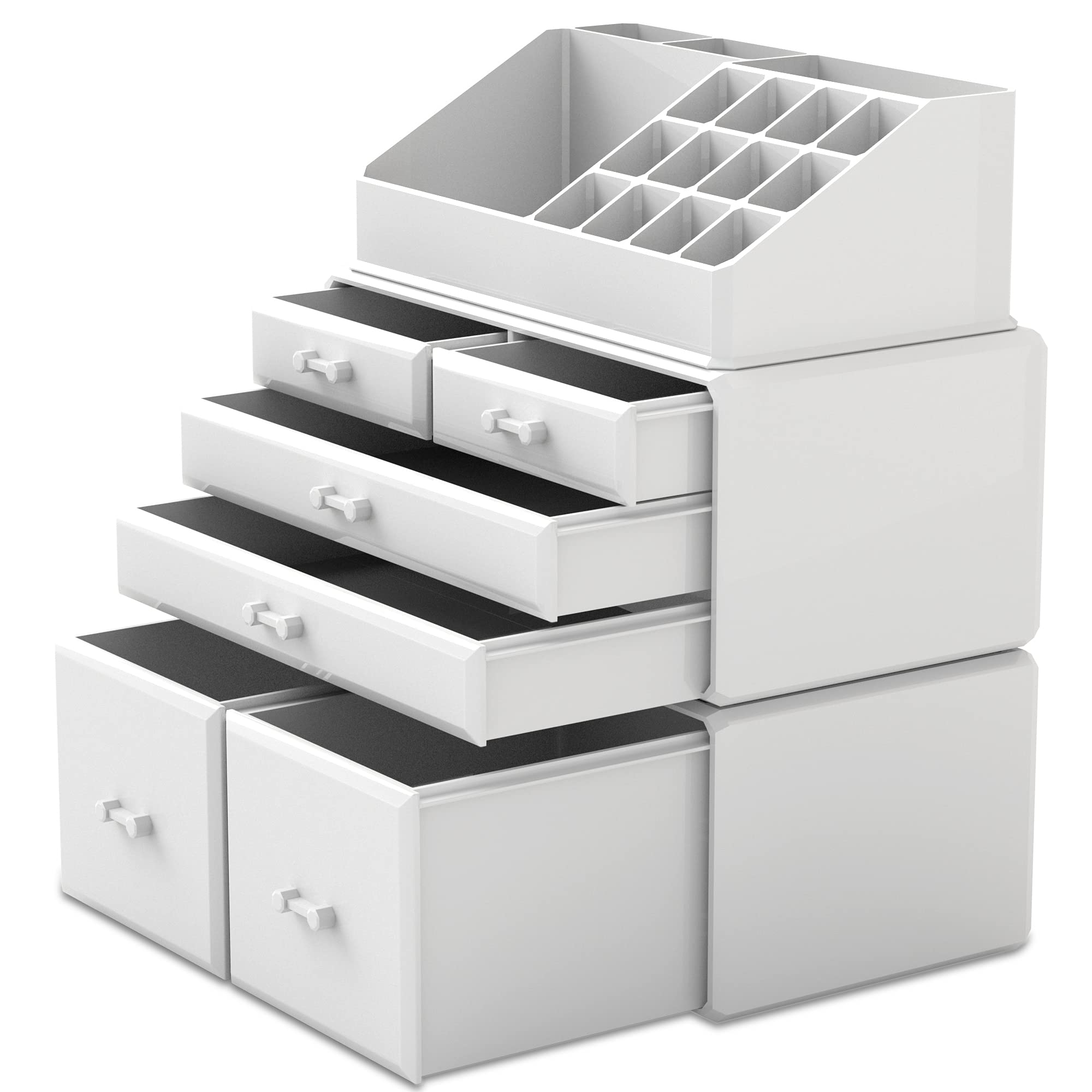 READAEER Makeup Organizer - 3-Piece Cosmetic Storage Case with 6 Drawers, Plastic, White, Model 6D/TRP