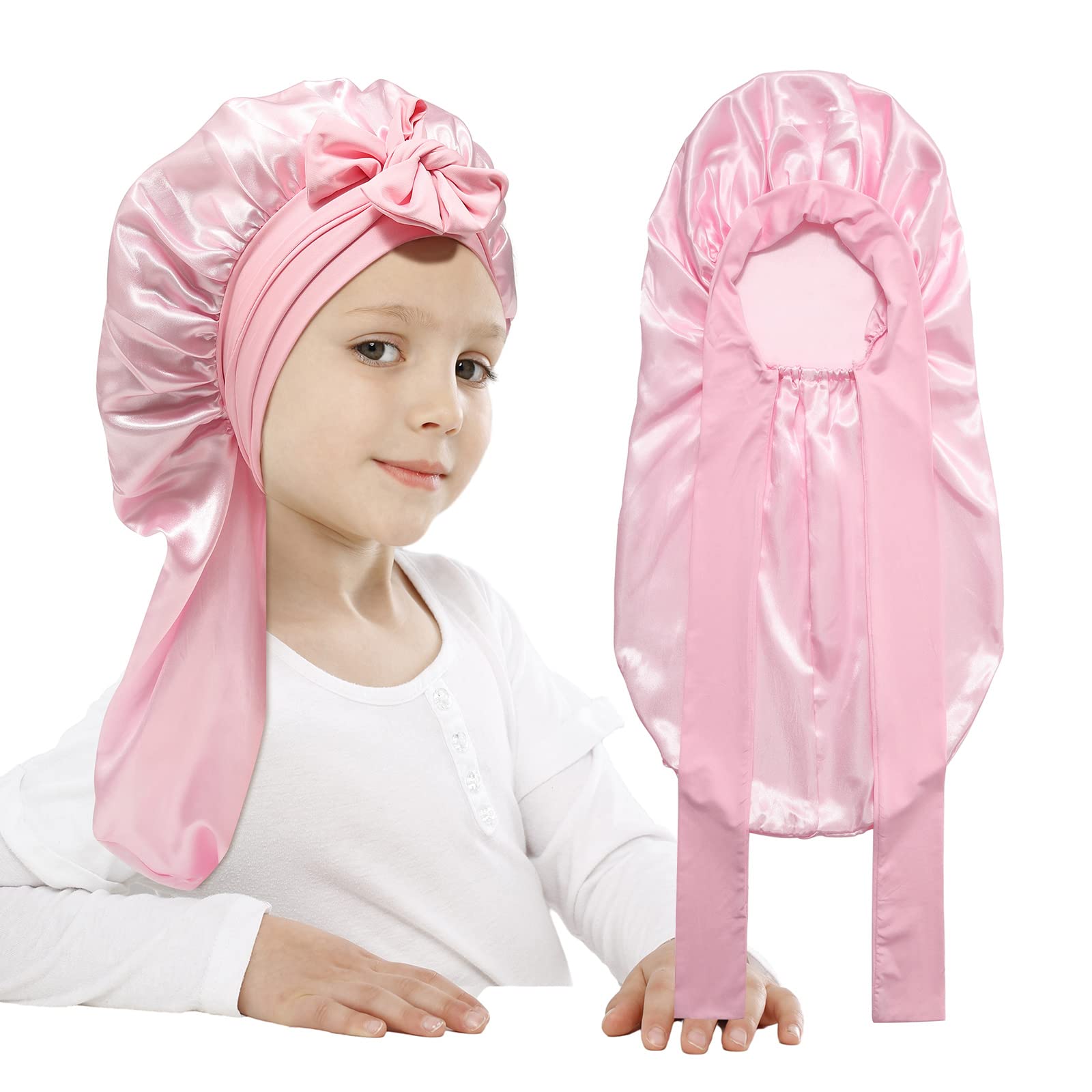 AWAYTR Long Toddler Silk Bonnet for Sleeping Elastic Satin Bonnets for Curly Hair Braid Bonnet Night Cap for Aged 3-12 Kids (Pin