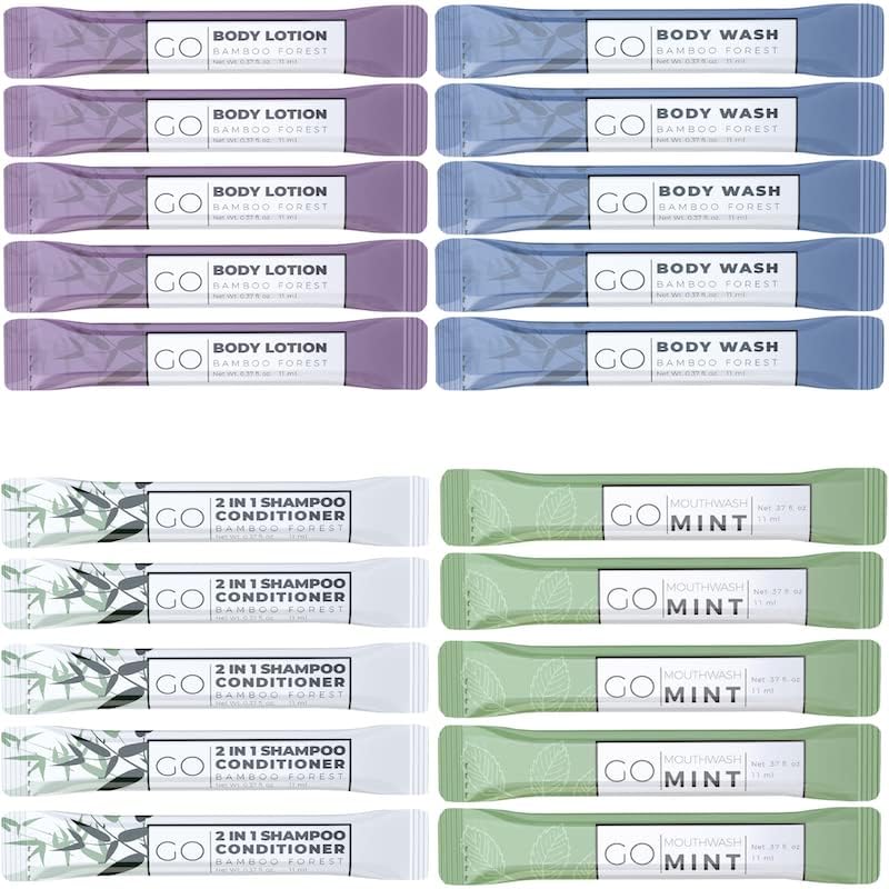 GO Essentials - Men and Women Travel Kit that contains Travel Size Shampoo and Conditioner Set, Mouthwash, Body Wash, and Travel