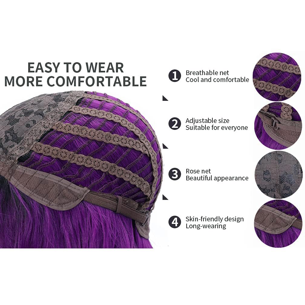 Beron 14 Inches Purple Wig For Women Girls Short Curly Wig Dark Purple Wig Synthetic Wig Purple Wig With Bangs Wig Cap Include