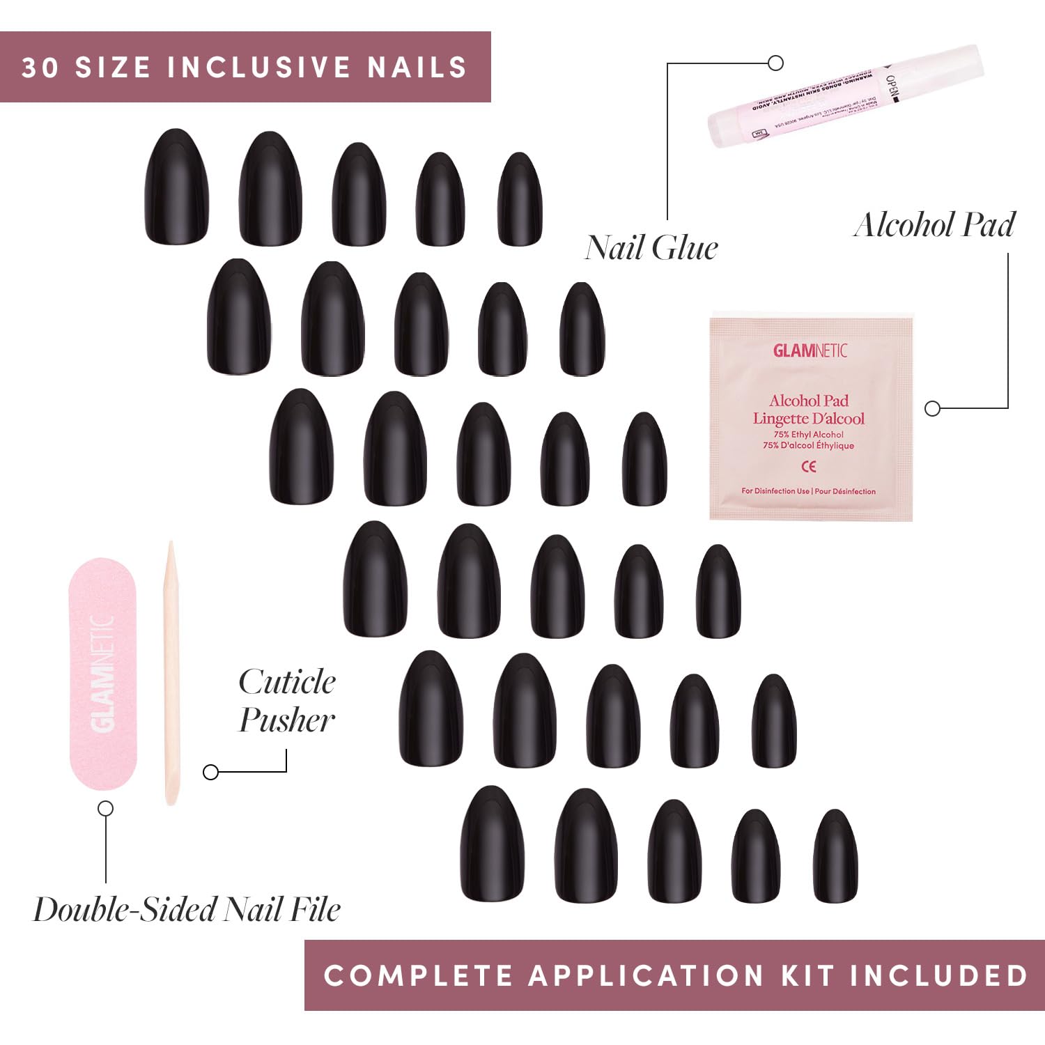 Glamnetic Press On Nails - Boba | Opaque Black Short Almond Nails, Reusable | 12 Sizes - 24 Nail Kit