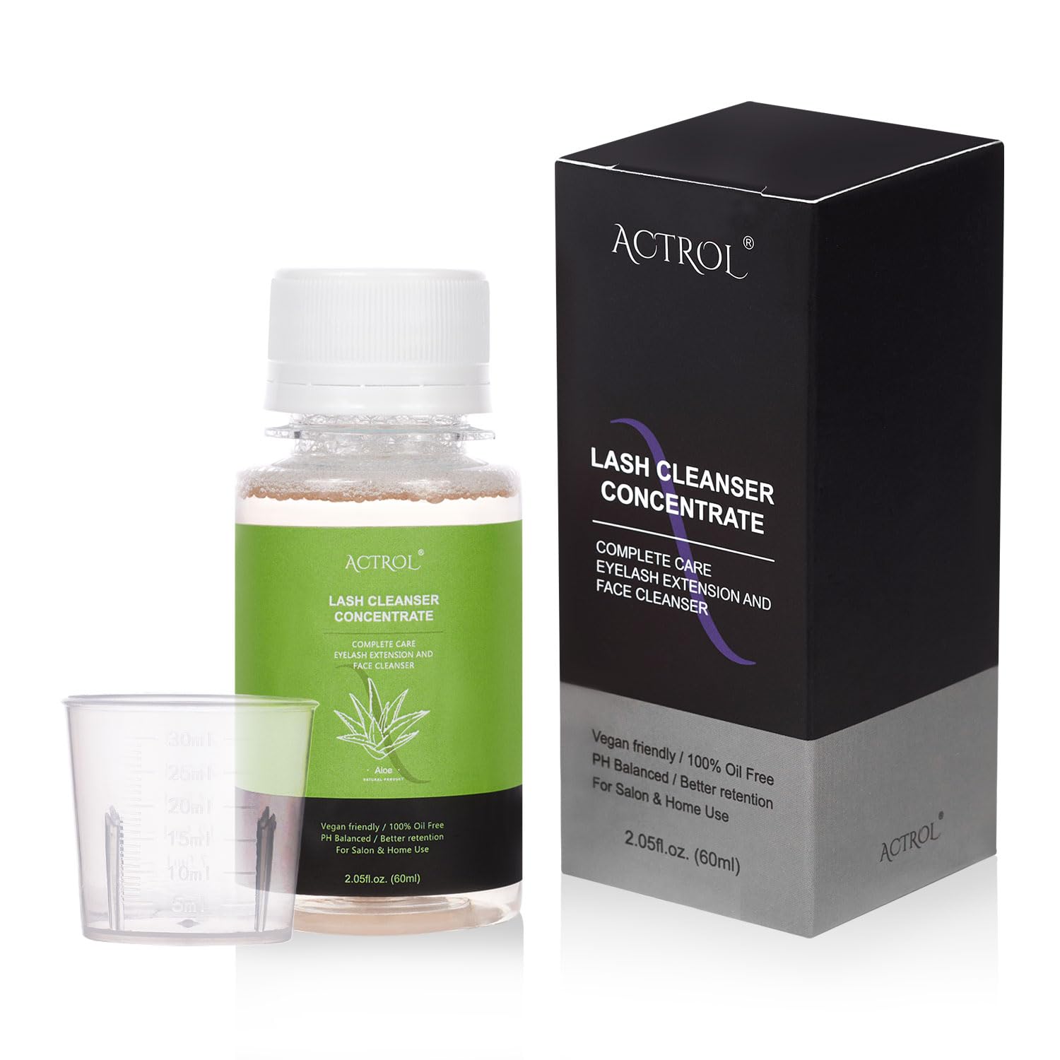 ACTROL Eyelash Cleanser Concentrate 60ml Aloe Professional Lash Shampoo Foaming Cleanser DIY Wash for Extensions Lashes with Sal