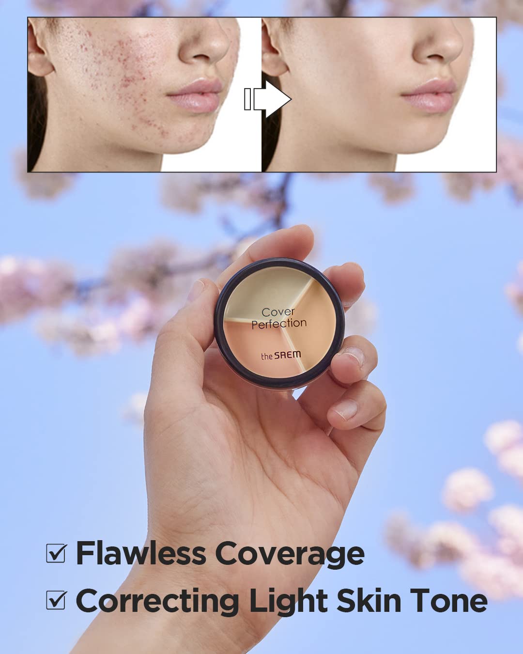 THESAEM Cover Perfection Triple Pot Concealer 03 Correct Up Beige - for Fair to Light Skin Tone - 3 Color Full Coverage Conceale