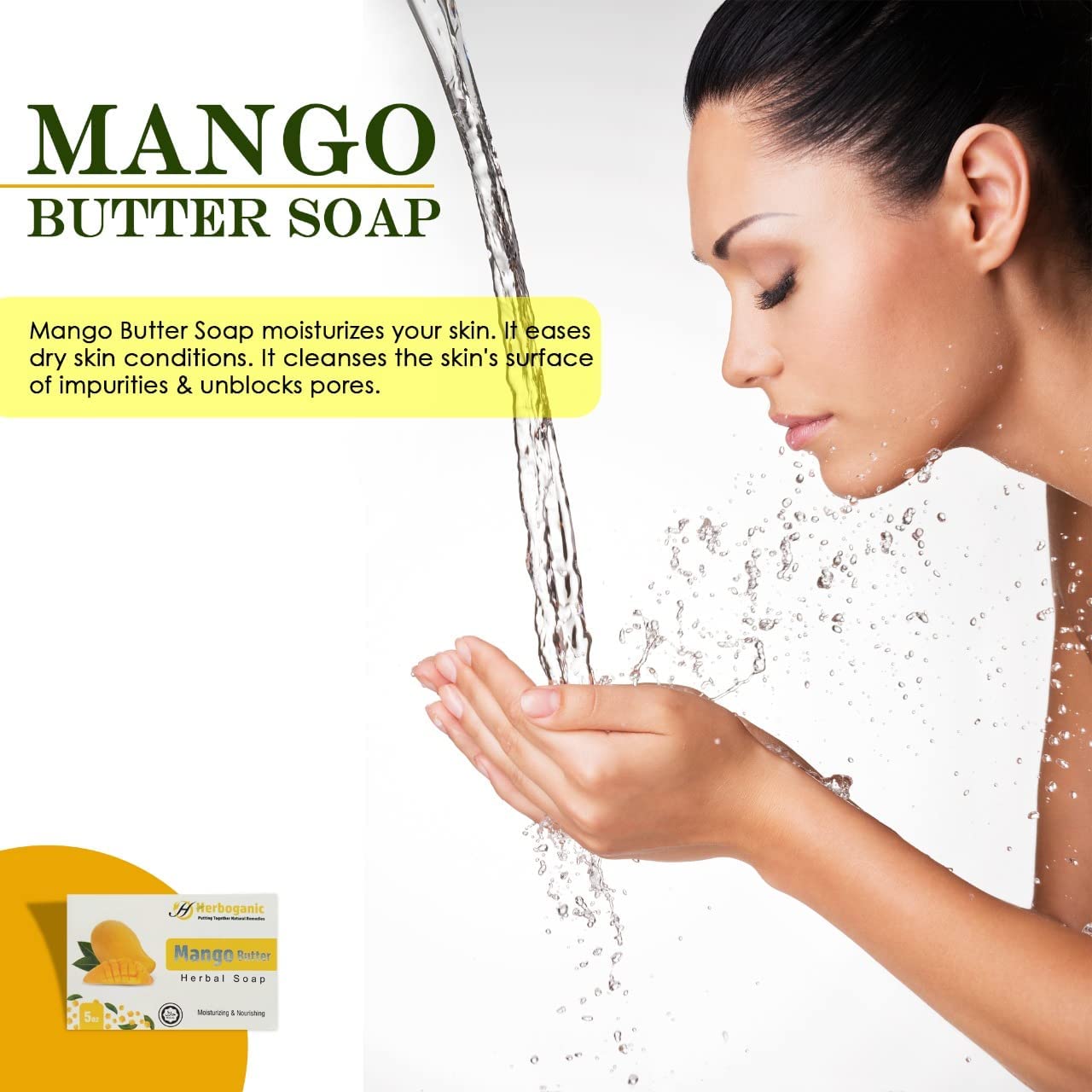 HERBOGANIC Mango Butter Herbal Soap | Pack of 3 of 5oz soap Bar | Natural Bar Soap for Face and Body | Hydrating and Nourishing