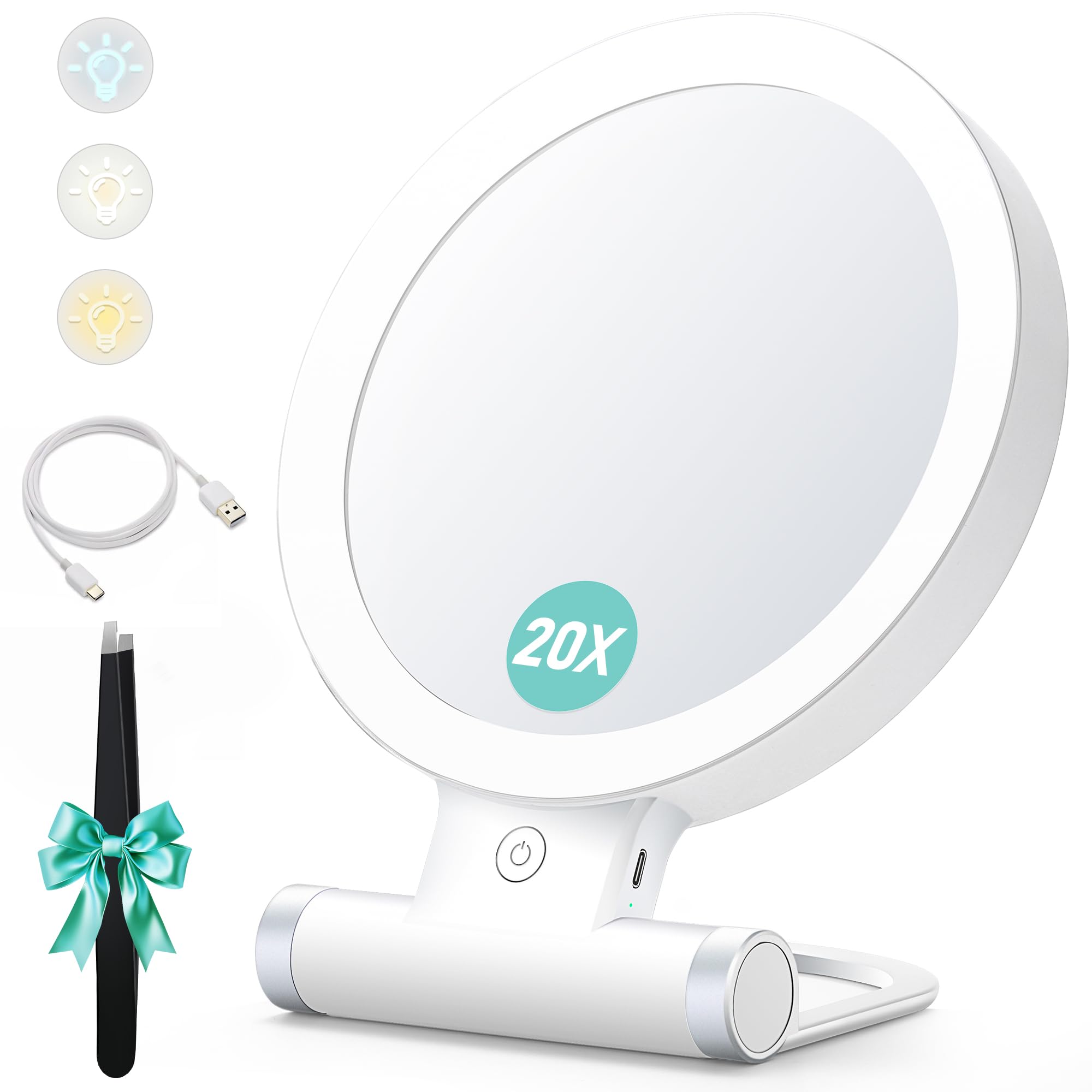 B Beauty Planet Magnifying Mirror with Light 20X/1X,Double Sided Tabletop Mirror with Adjustable Folding Handle,Cosmetic Mirror