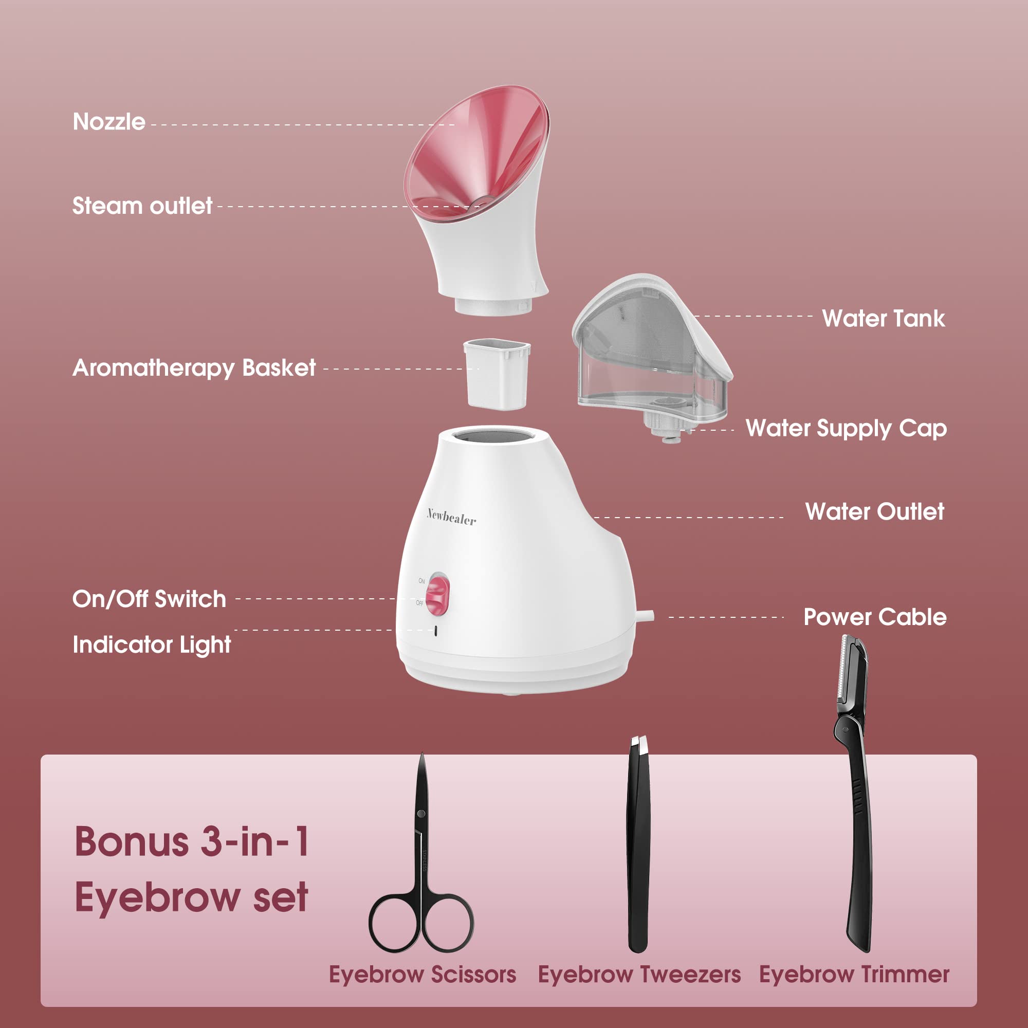 Newbealer 2in1 Facial Steamer, Hot Mist Facial Aromatherapy Humidifier Atomizer, Large Face Steamer Unclogs Pores Sinuses Moistu