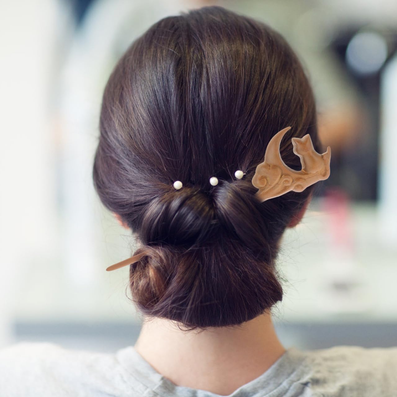 NOLITOY Wooden Hair Sticks, Ancient Chinese Chopsticks Cat Shape Hairpin Retro Horn Fork Vintage Chignon for Bun Holder