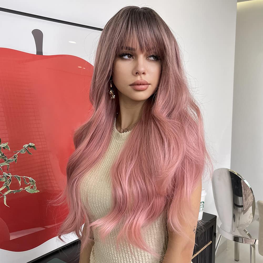 Jooler Pink Wig With Bangs Ombre Pink Wigs For Women Long Wavy Wigs Cute Pink Light Cosplay Party Wig Heat Resistant Dark Roots