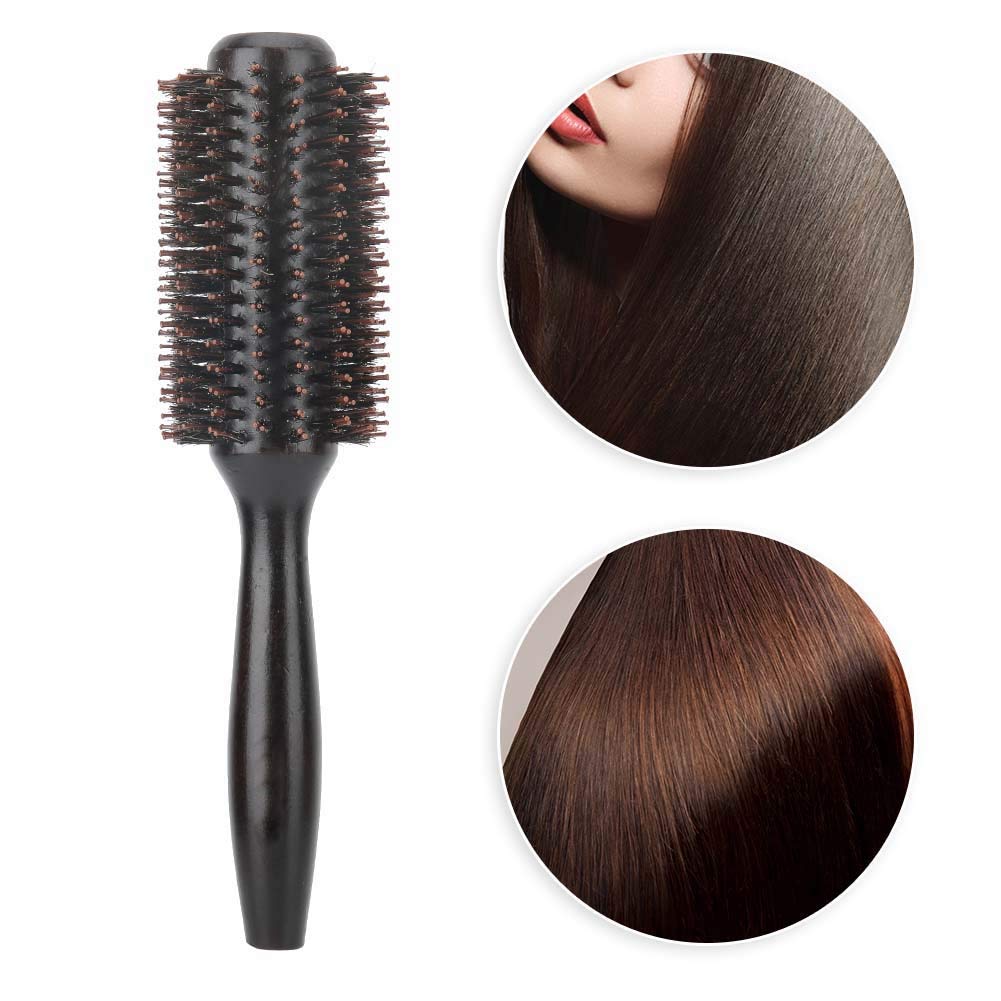 Boar Bristle Round Styling Hair Brush Solid Wood Roller Round Comb Heat Anti Static Hairdressing Comb Blow Dryer & Curling Roll