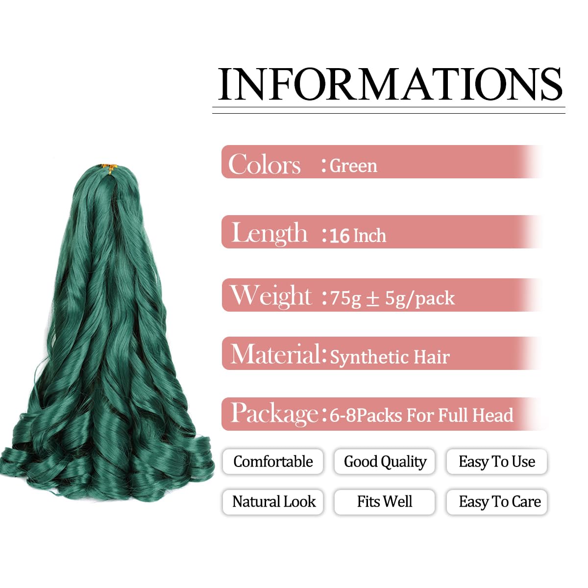 French Curly Braiding Hair 16 Inch Green Curly Braiding Hair 8 Pack 75G/Pack Loose Wavy French Curl Braids Hair Extension Pre St