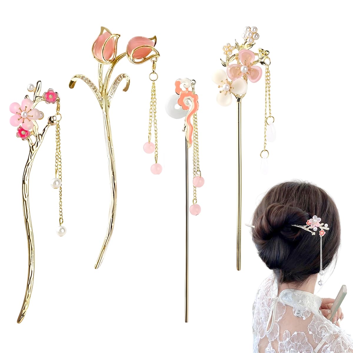 Sannidhi 4Pcs Hair Stick For Bun Elegant Flower Hair Bun Stick With Tassels, Chinese Style Floral Pins For Women, Alloy Metal Vi