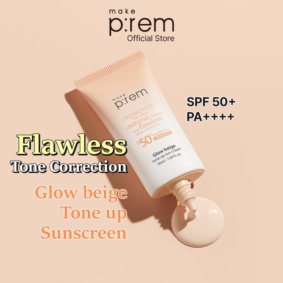 MAKE P:REM Glow Beige Tone Up Sunscreen, Foundation-Free Mineral Sunscreen, Skin Tone Correction, Lightweight, Korean Sunscreen,
