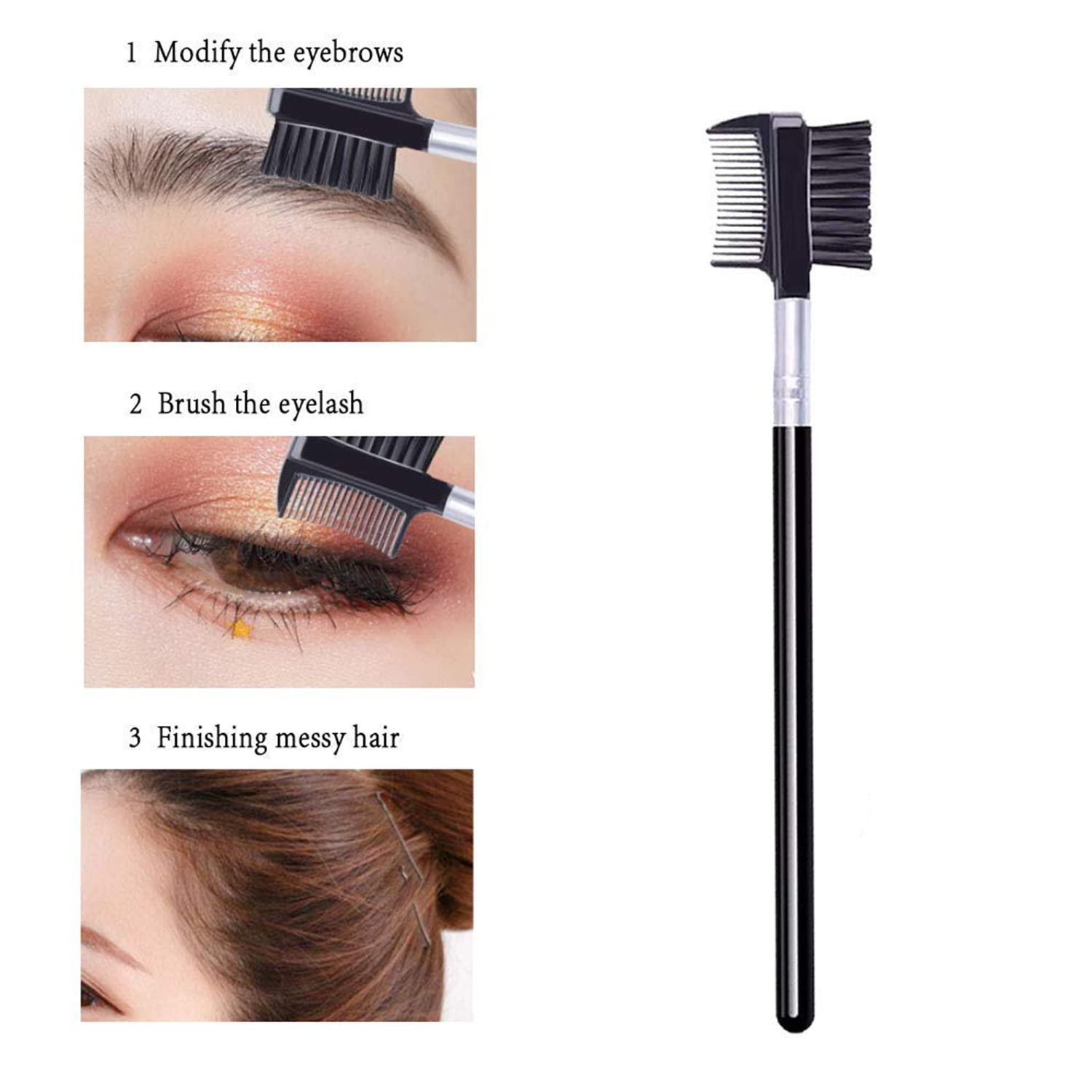 Steel Eyelash Comb, Angled Eyebrow Brush, Mascara Comb Curlers Spoolie Brush, 3 Pcs In 1 Box Eyes Makeup Grooming Tool Set(Black
