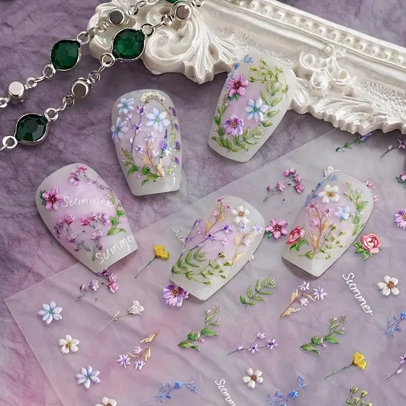 Flower Nail Stickers For Nail Art - Flower Nail Art Stickers Summer Floral Leaf Plant 5D Embossed Nail Decals Self-Adhesive Nail