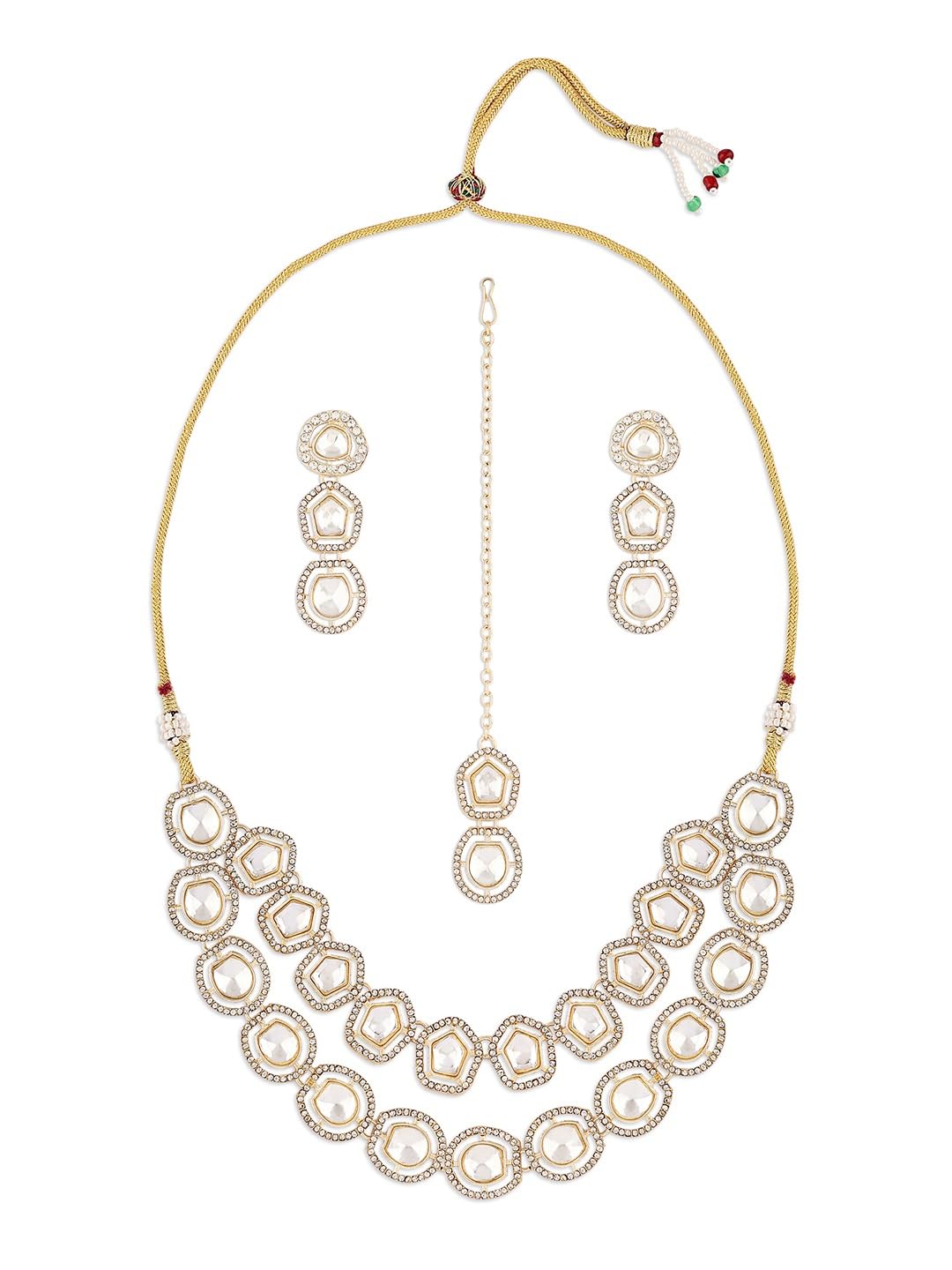 Ami Gold Tone Layered Dazzling Austrian Diamonds And Stones Bridal Necklace Earring Maangtikka Set For WomenZpfk20639