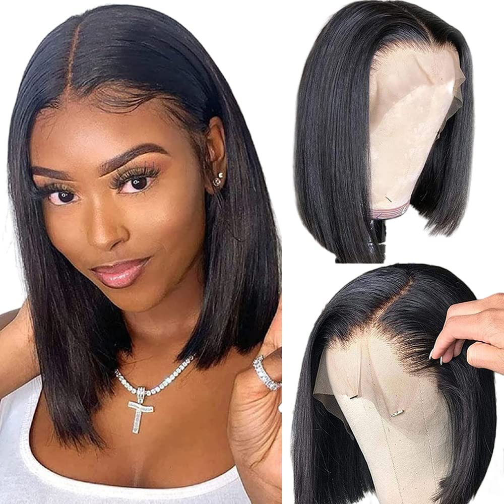 Qangelabeauty 14 inch Short Bob Wigs 13x4 Frontal Bob Transparent Lace Front Wigs Human Hair Pre Plucked Brazilian Virgin Hair W