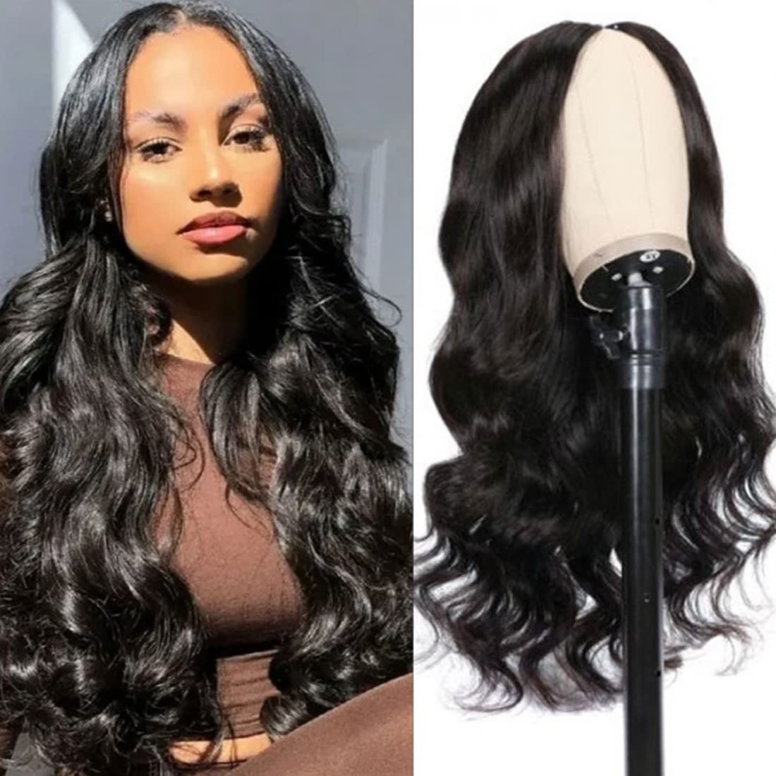 Beauty Forever Small Cap V Part Wig Body Wave Human Hair No Leave Out No Glue No Gel Upgraded U Part Wigs For Women, 10A Grade W