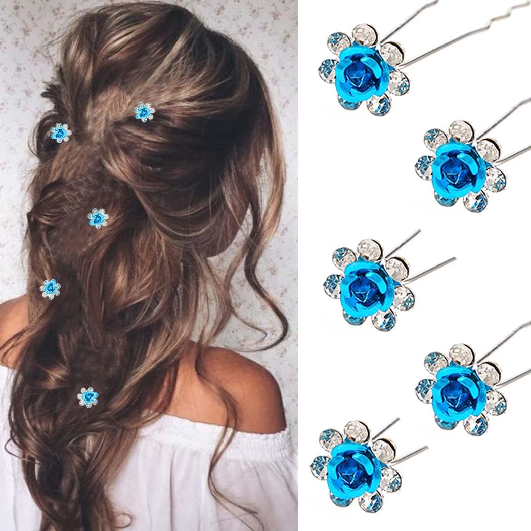 Bartosi Flower Bride Wedding Hair Clips Blue Flower Hair Pins Bridal Hair Pieces Hair Accessories for Women and Girls (Pack of 5