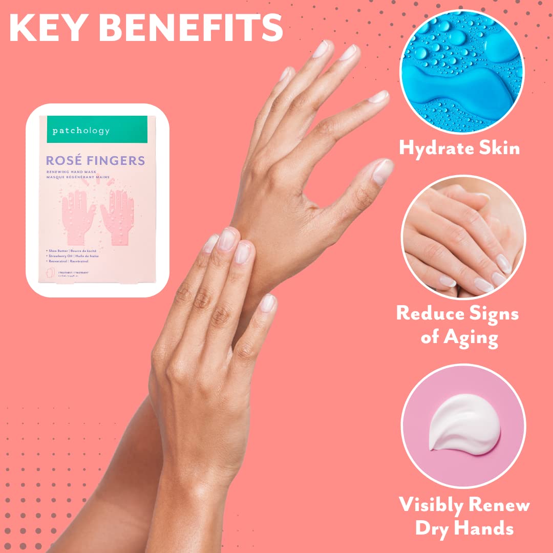 Patchology Rose Fingers Renewing Hand Mask - Strawberry Scented Moisturizing Gloves, Hand Masks For Dry & Cracked Hands, Shea Bu