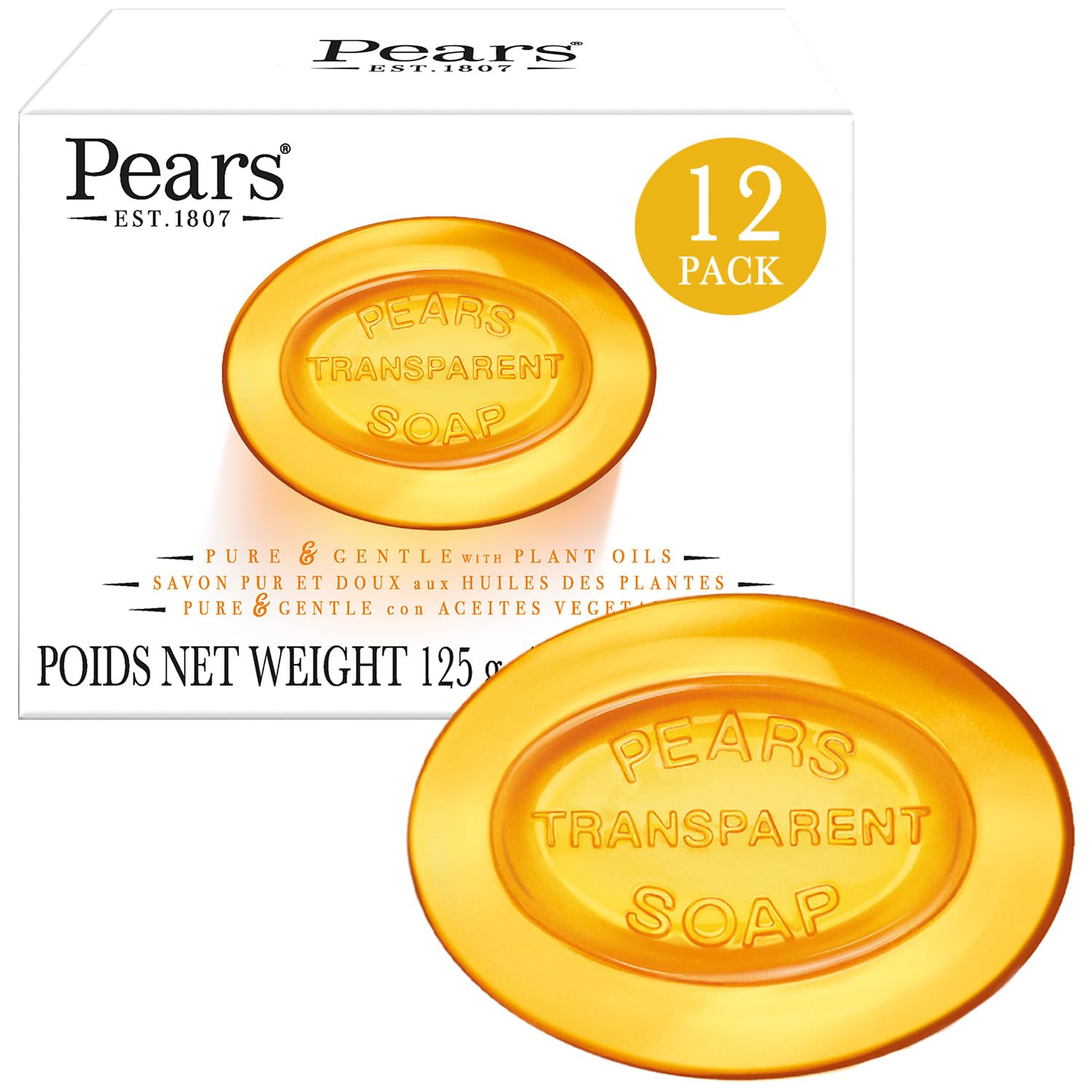 PEARS Soap, Face & Body Soap, Amber - Pure & Gentle Transparent Bar Soap, Moisturizing Glycerin Soap with Natural Oils for Pampe