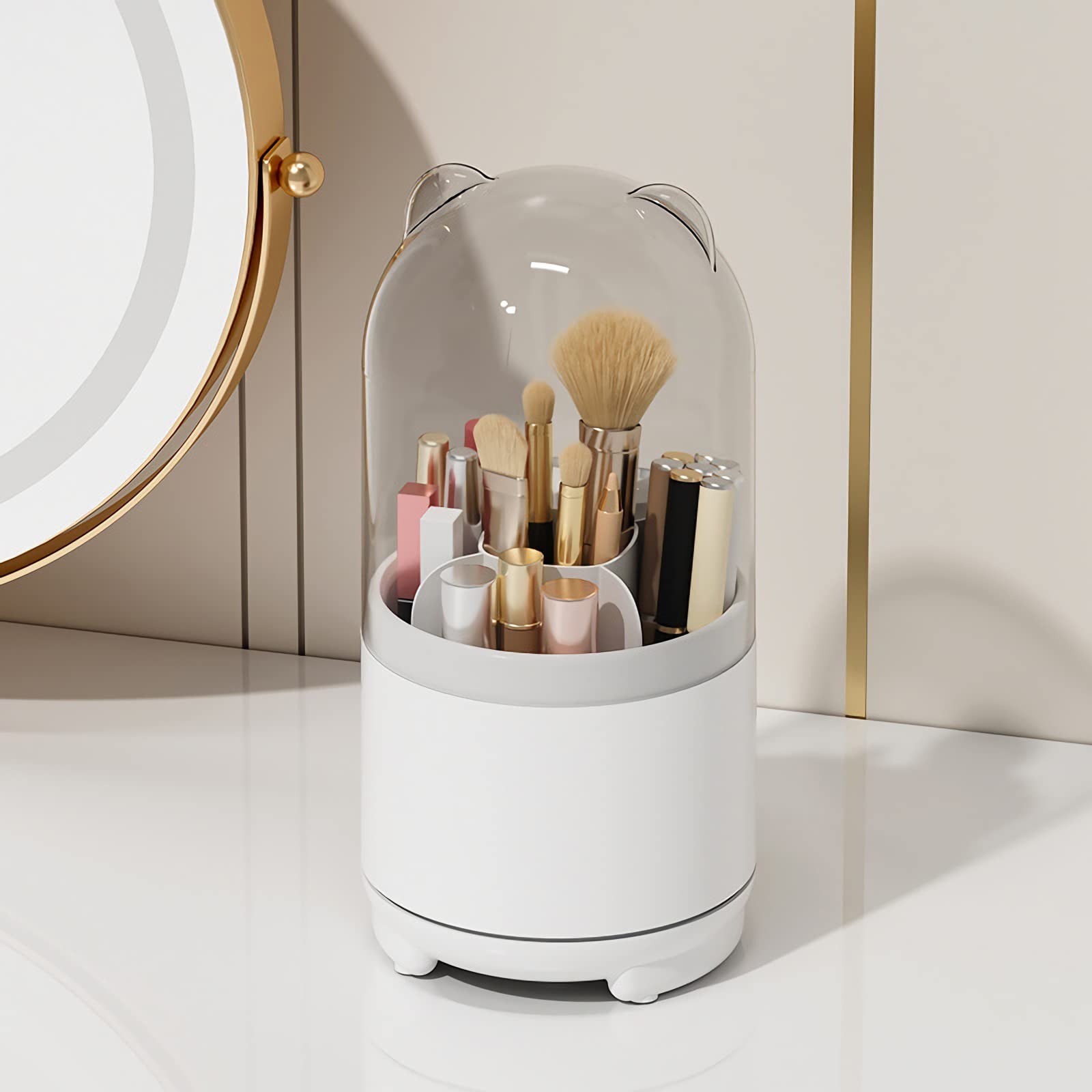 Ltytz Cute Makeup Brush Holder Organizer With Lid, Rotating Dustproof Make Up Brushes Container With Clear Acrylic Cover For Van