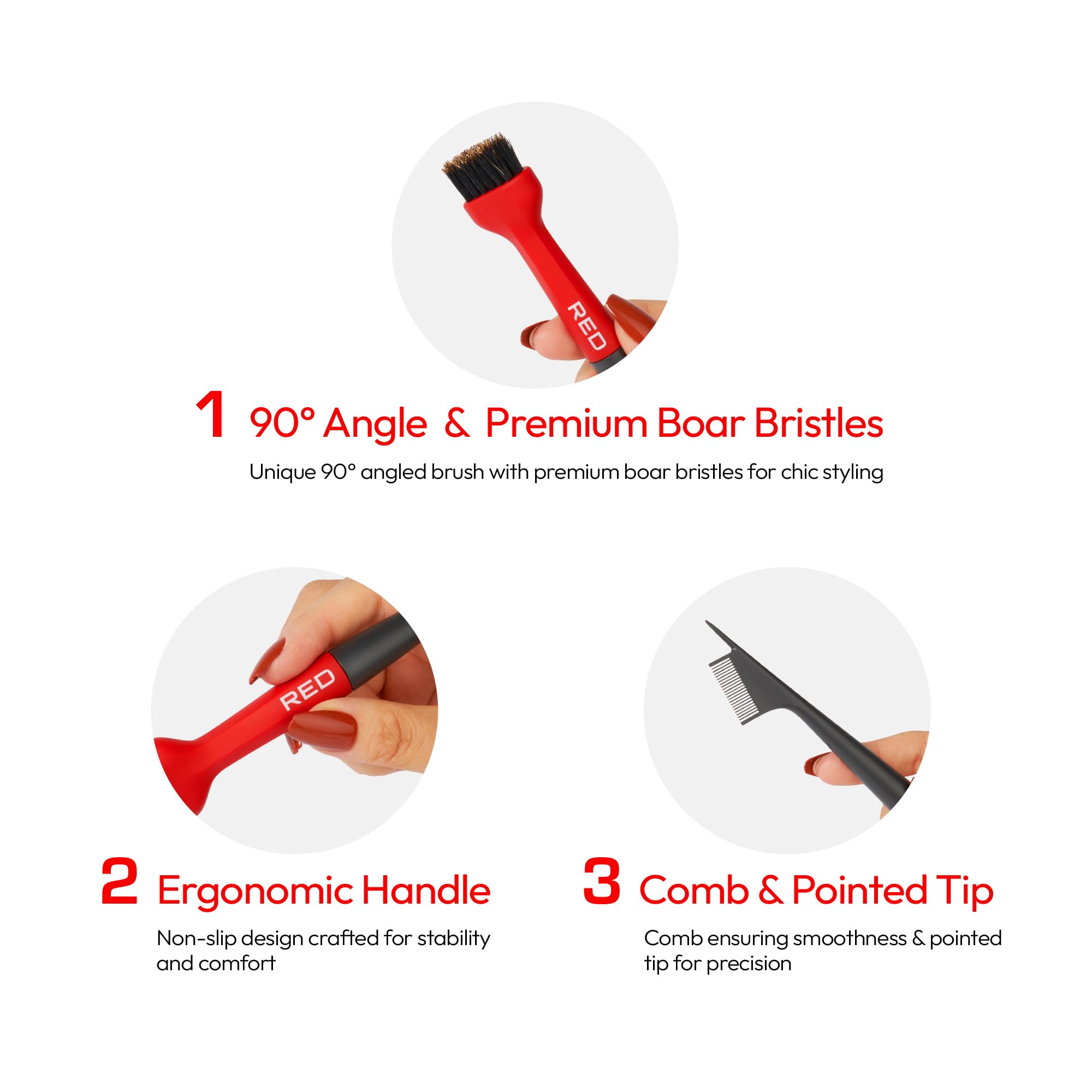 RED by Kiss Edge Hair Brush - Angled Premium 100% Boar Bristles for Smooth Styling & Edge Control, Red Color