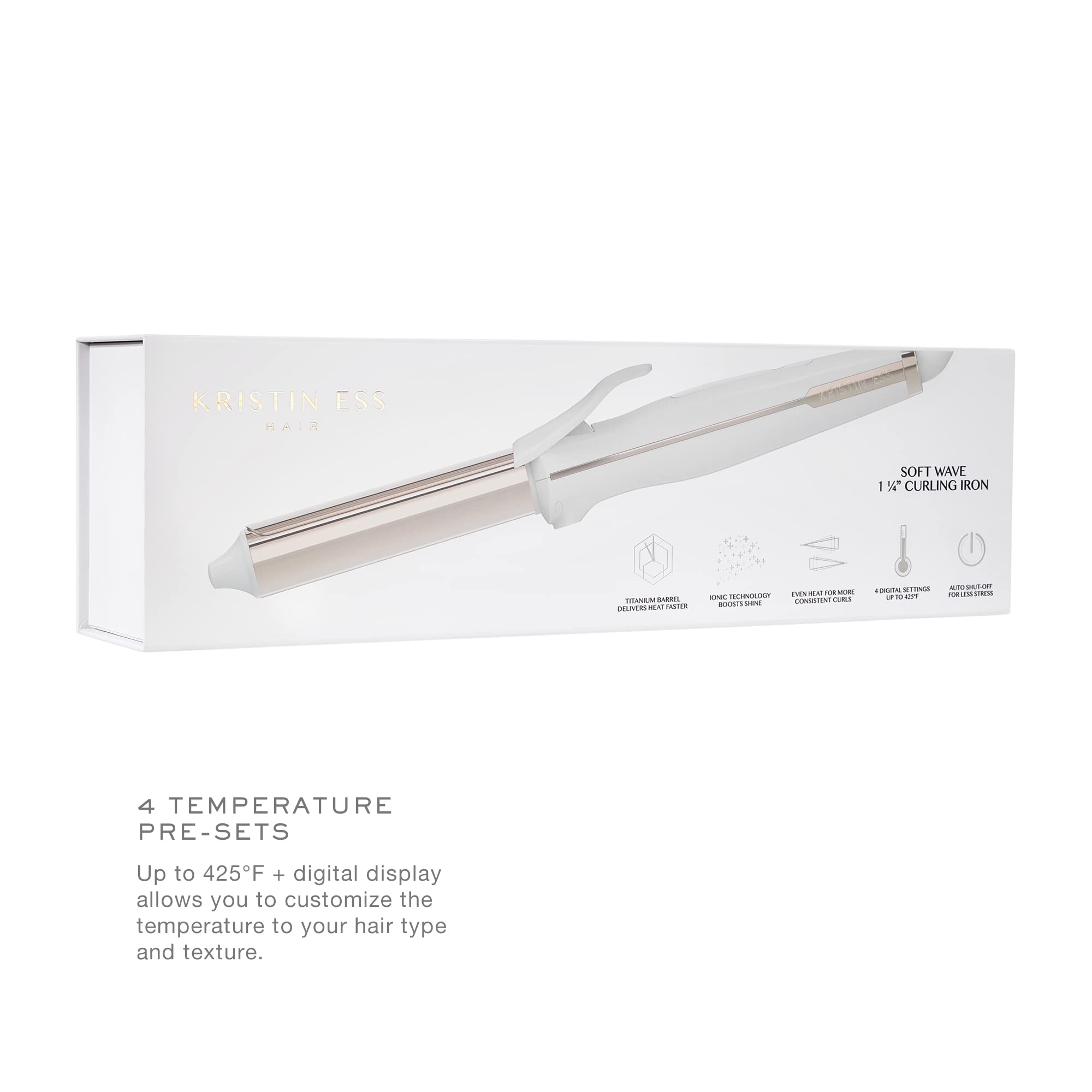 Kristin Ess 1 1/4" Titanium Curling Iron for Beach Waves & Curls, Dual Voltage, Auto Shut-Off, White, Model 184-KES-0111
