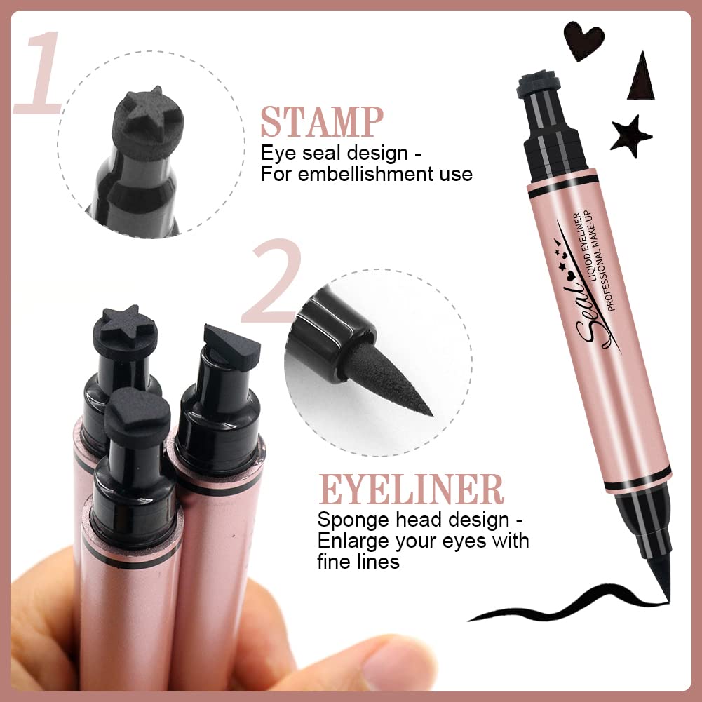 Popmisoler 5 Pcs Liquid Eyeliner Pen Stamp Set, Dual Ended Black Eyeliner With Heart/Star/Triangle Shape Eye Liner Stamp Waterpr