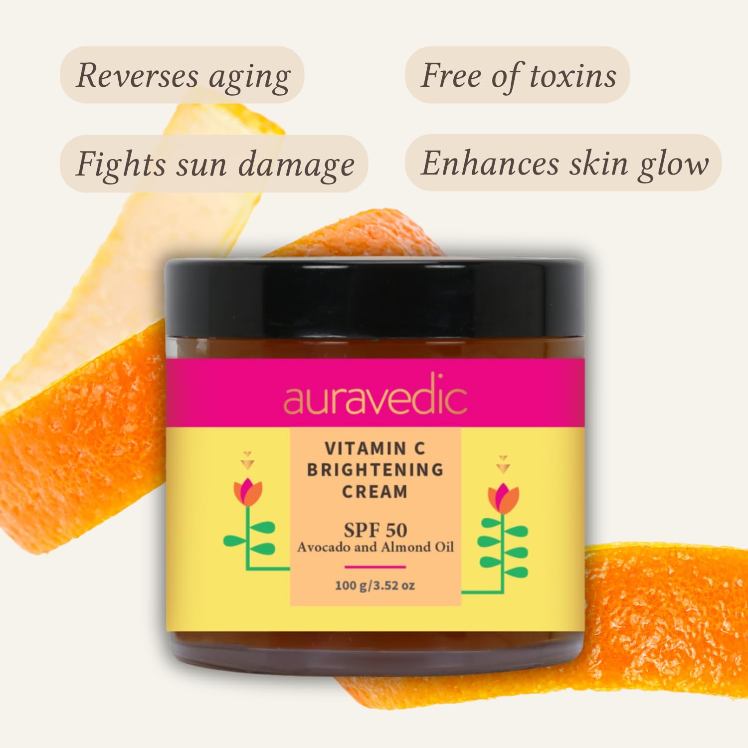 Auravedic Vitamin C Face Cream with SPF 50 | Reduces Sun Damage & Revives Dull Skin | Organic Hydration | Argan & Avocado Oil In