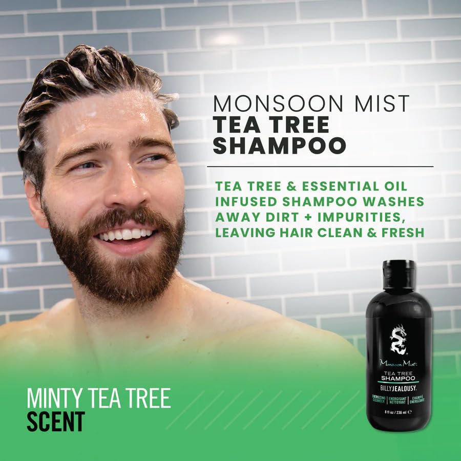 Billy Jealousy Monsoon Mist Tea Tree Energizing Men's Shampoo with Peppermint & Rosemary, Removes Oil Build-up and Soothes Scalp
