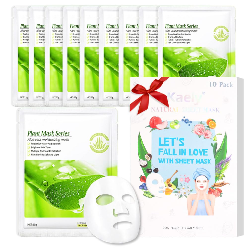 Kaely 10 Pack Aloe Vera Sheet Masks,Hydrating Smoothing Face Masks For Women Men,Facial Mask Skin Care Korean,Moisturize,Brighte