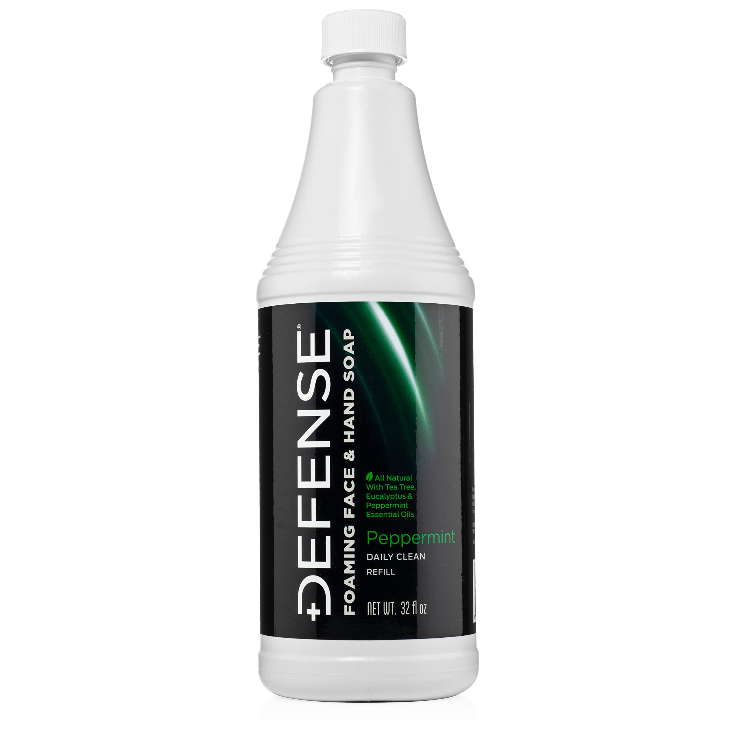 Defense Liquid Foaming Face & Hand Soap Peppermint 32 Fl Oz Refill with Tea Tree, Eucalyptus, Jojoba, Aloe Vera, Olive & Coconut