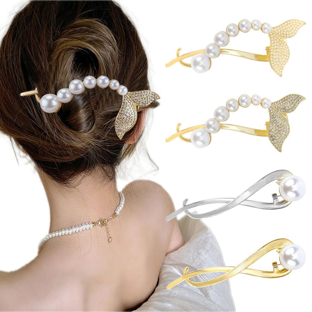 Ahoney 4 Pack Pearl French Hair Clips Fishtail Twist Hair Clip for Thich Hair Metal Hair Pin Banana Clips Gold Claw Clips Flat H