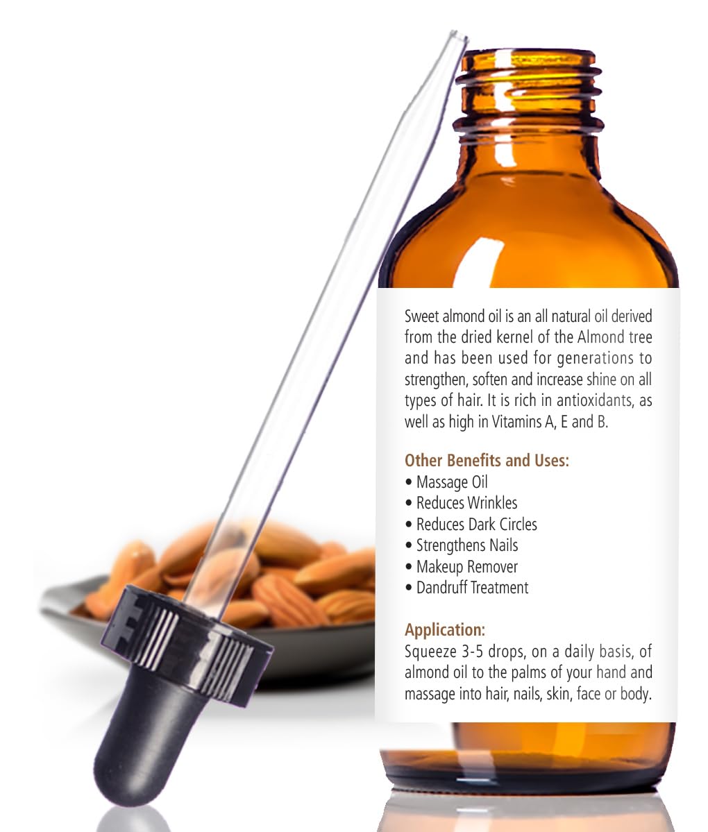 Organic Sweet Almond Oil MOISTURIZER - in 4 oz Glass Bottle with Dropper | Unrefined Cold Pressed Skincare Lotion | Essential Na