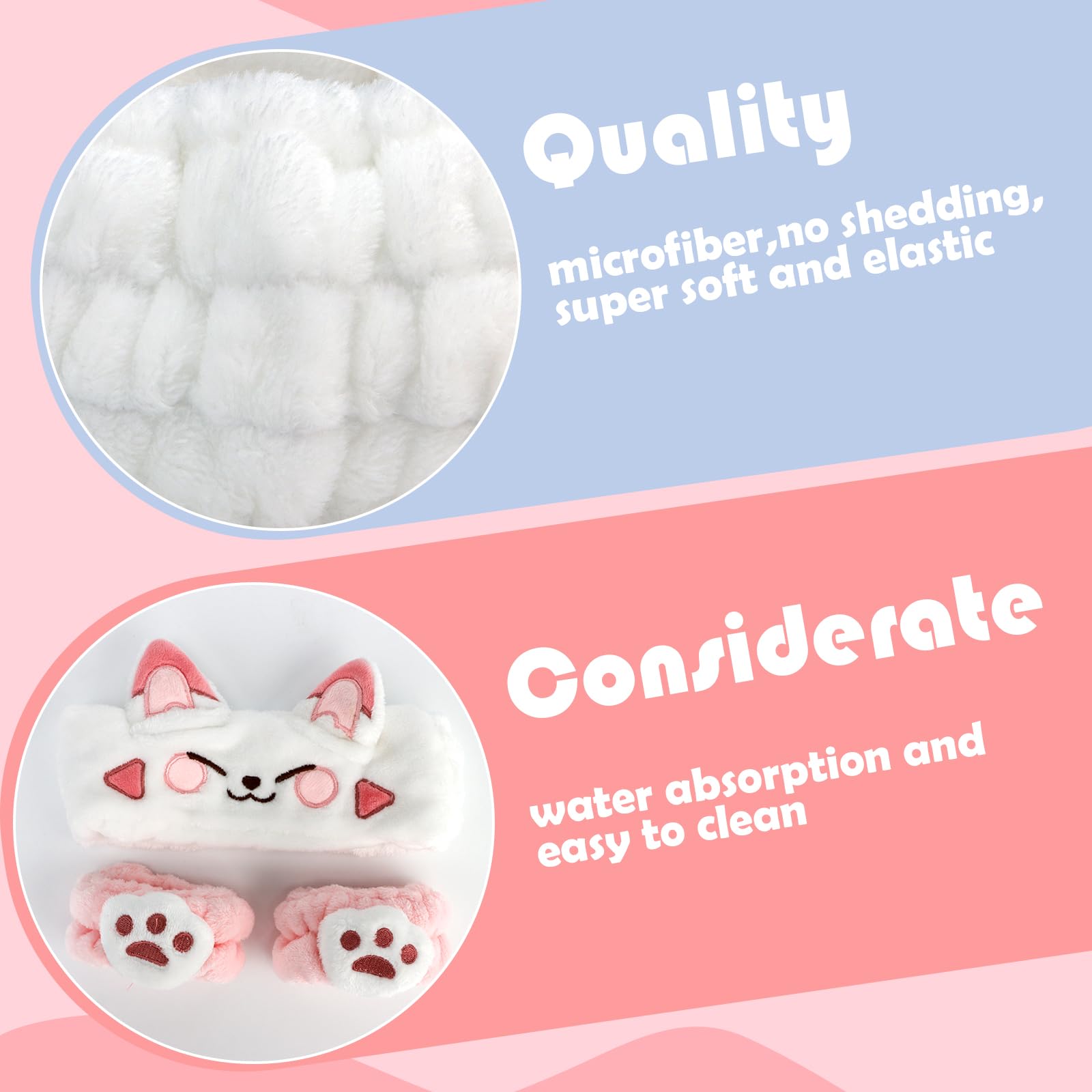 Canitor Face Wash Headband With Wrist Bands Soft Coral Fleece Spa Headband Makeup Headband Cute Animal Cat Ears Elastic Skincare