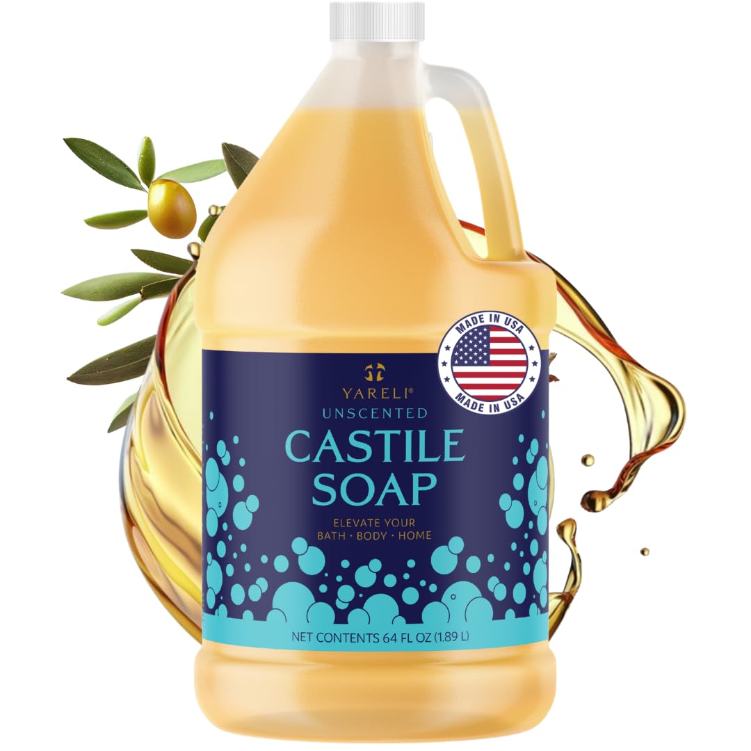 Yareli Pure Castile Liquid Soap, Unscented, With All Organic Oils For Adults, Kids And Babies For Bath, Body And Home, 64Oz