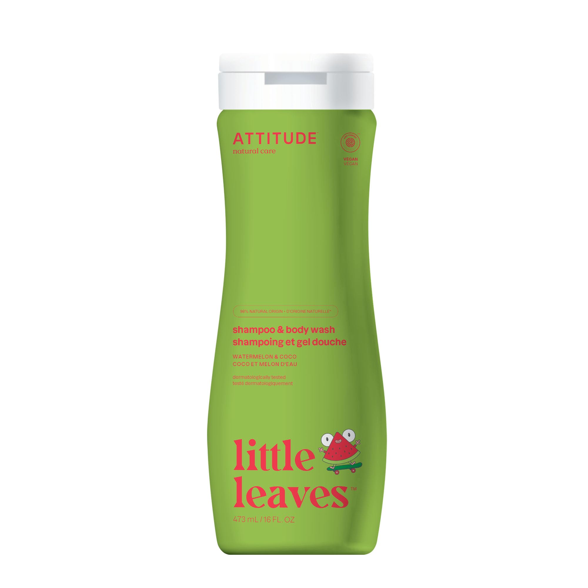 Attitude Kids Shampoo And Body Wash, Ewg Safe Hypoallergenic & Vegan, Perfect For Sensitive Skin, Watermelon & Coco, 16 Fl Oz