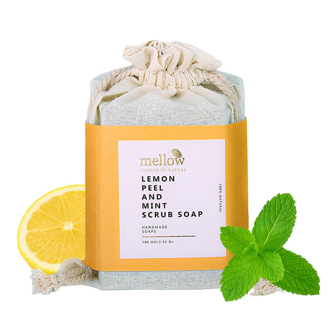 Mellow Lemon Peel & Mint Body Scrub Soap - 100G | Deep Cleansing & Acne Guard For Pimple-Prone Skin | Reduces Spots, Blemishes &