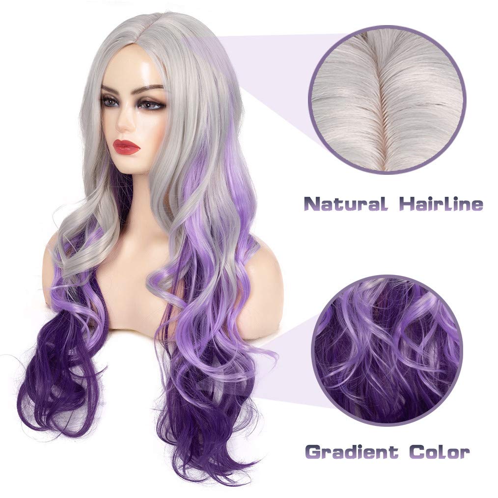 Beweig Long Curly Wavy Silver Grey To Purple Wig Side Part Natural Looking Synthetic Cosplay Wig For Women
