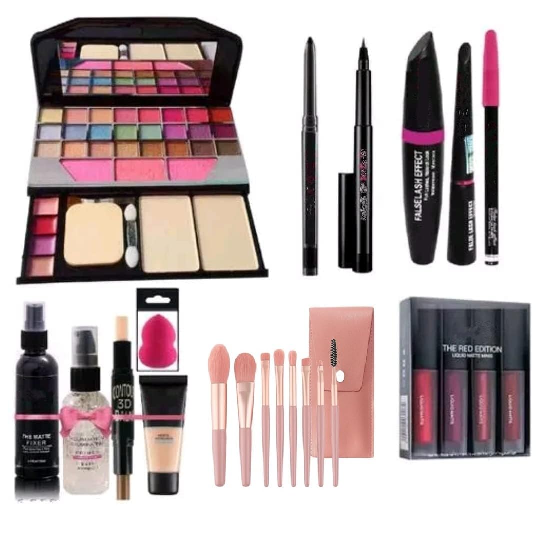 Just Tya |Makeup Kit Combo Set With Eyeshadow Palette, Mascara, Eyeliner, Lipstick, Brushes, Setting Spray, Sponge