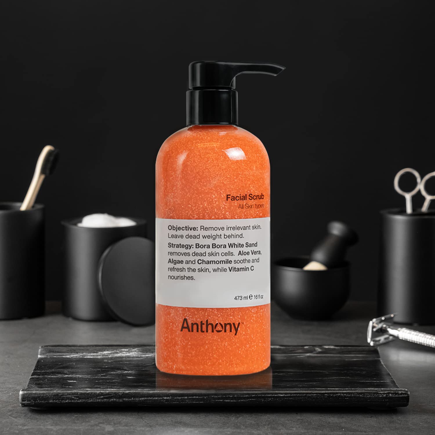 Anthony Facial Scrub, 16 Fl Oz, Contains Aloe Vera, Sand, Algae, Chamomile, Vitamin C, Soothes, Protects, Refreshes and Removes